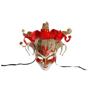 MASCARA *VENEZIA* BUFON CON CASCABELES ROJO y DORADO PARTY STORE® PLATINUM
