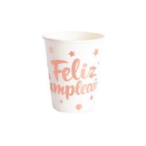 VASO FELIZ CUMPLEAÑOS BLANCO ROSE GOLD X10