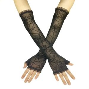 GUANTES HALLOWEEN NEGRO LARGO CON TELA DE ARAÑA PLATEADA