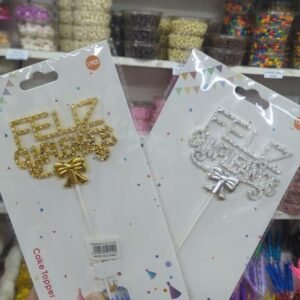 TOPPER PLASTICO STRASS FELIZ CUMPLE dorado o plata