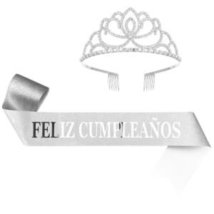 SET TIARA CORONA Y BANDA FELIZ CUMPLE PLATA