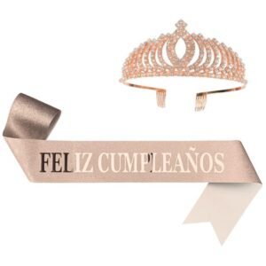 SET TIARA CORONA Y BANDA FELIZ CUMPLE GOLD ROSE