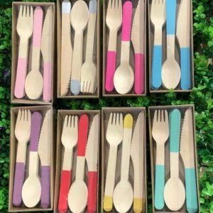 SET CUBIERTOS MADERA Y PLATEADO x8