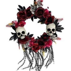 CORONA DECO PREMIUM 2 CALAVERAS, FLORES, HOJAS Y  RAMILLETES 36 CM DIAMETRO