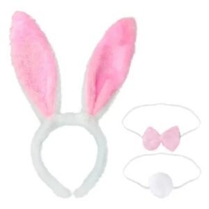 SET CONEJO VINCHA MOÑO POMPOM ROSA
