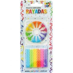VELAS RAYADAS MULTICOLORES C/12 BASES - BLISTER X 24 U