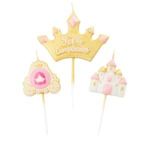 SET 3 VELAS PRINCESAS CARRUAJE CASTILLO CORONA
