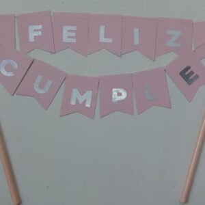 MINI BANDERIN VINILO TORTA ROSA Y PLATEADO