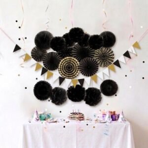 SET ROSETAS DE PAPEL ´´FESTIVE DECO´´ X20PCS (NEGRO Y ORO)