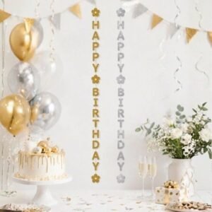 GUIRNALDA COLGANTE HAPPY BIRTHDAY ´´FLOWERS´´ GLITTER (PLATA)
