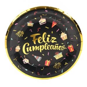 PLATOS NEGRO FELIZ CUMPLEAÑOS DORADO x6