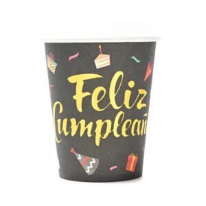 VASOS NEGROS FELIZ CUMPLEAÑOS DORADO X6