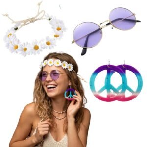 SET DISFRAZ HIPPIE PAZ VINCHA MARGARITAS , ANTEOJOS, AROS