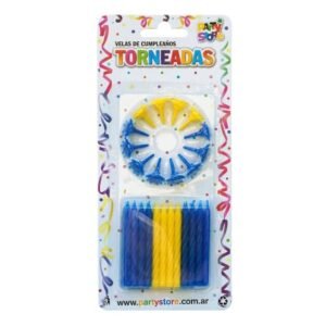 VELAS TORNEADAS AZULES Y AMARILLAS C/12 BASES - BLISTER X 24 U