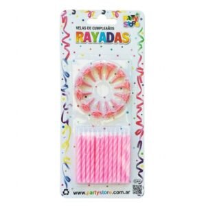 VELAS RAYADAS ROSAS C/12 BASES - BLISTER X 24 U