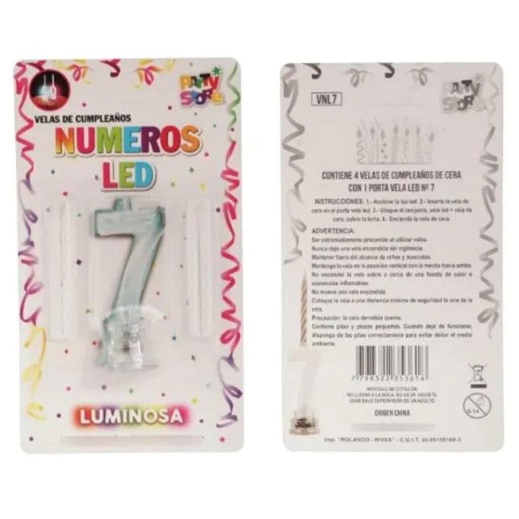 VELA NUMERO LUMINOSO LED N° 7 CON 4 VELITAS