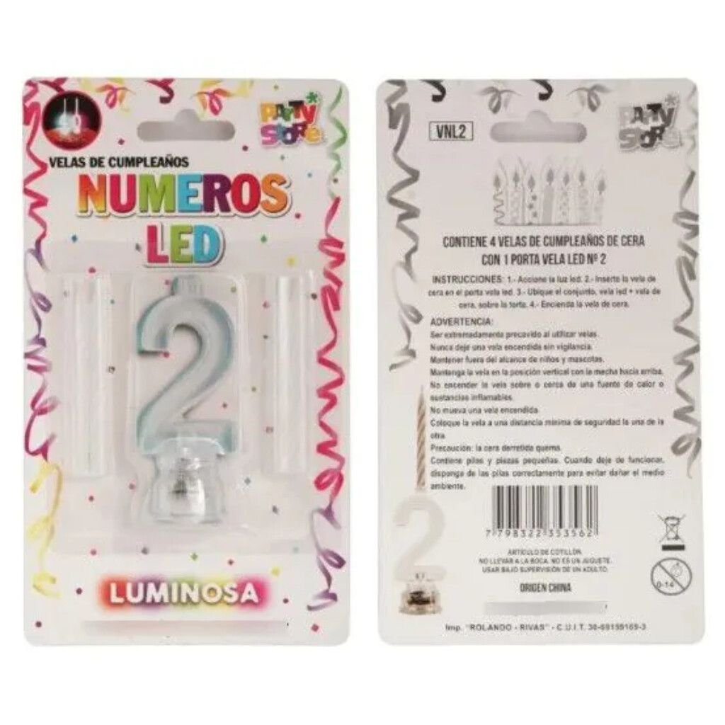 VELA NUMERO LUMINOSO LED N° 2 CON 4 VELITAS