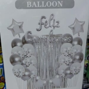 SET 30 PIEZAS CORTINA GLOBO FELIZ PLATA