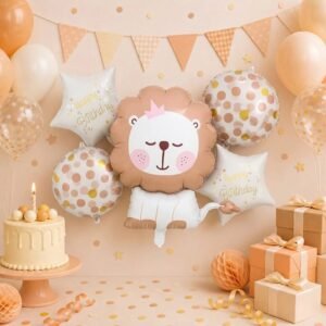 SET DE 5 GLOBOS HAPPY BIRTHDAY ''BABY LION'' (CHOCOLATE)