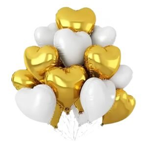 SET 10 GLOBO METALIZADO CORAZON 18 PULG DORADO/BLANCO