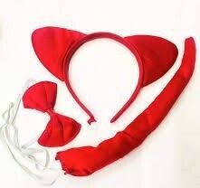 SET VINCHA MOÑO COLA GATO ROJO DISFRAZ