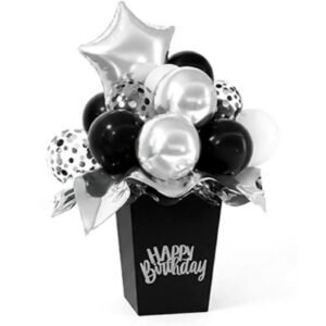 BOUQUET RAMO DE GLOBOS CAJA HAPPY BIRTHDAY NEGRO PLATA