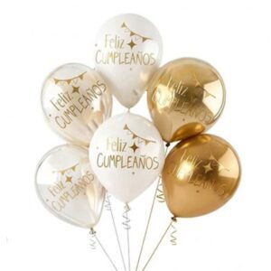 KIT GLOBOS FELIZ CUMPLEAÑOS DORADO BLANCO Y CREMA X6