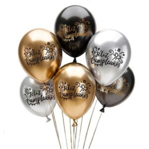 KIT GLOBOS FELIZ CUMPLEAÑOS DORADO NEGRO Y PLATEADO X6