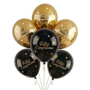 KIT GLOBOS FELIZ CUMPLEAÑOS DORADO Y NEGRO X6