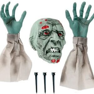 DECORACION PARA JARDIN ZOMBIE CABEZA Y MANOS CON ESTACAS 3PCS