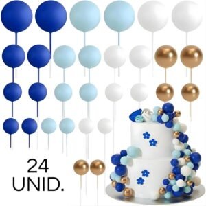 SET CAKE TOPPER BOLITAS X24 UNIDADES AZUL CELESTE BLANCO Y DORADO