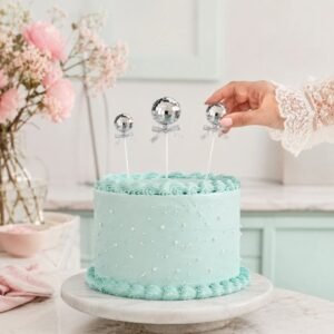 SET CAKE TOPPER BOLA ESPEJADA BOLICHE DISCO X3 PLATEADO