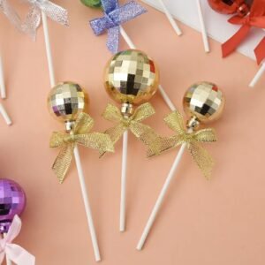 SET CAKE TOPPER BOLA ESPEJADA BOLICHE DISCO X3 DORADO