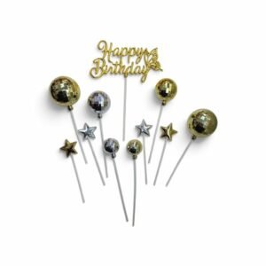 SET CAKE TOPPER HAPPY BIRTHDAY BOLA ESPEJADA BOLICHE DISCO Y ESTRELLA DORADO