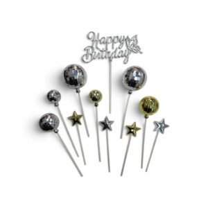 SET CAKE TOPPER HAPPY BIRTHDAY BOLA ESPEJADA BOLICHE DISCO Y ESTRELLA PLATEADO