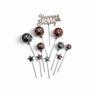 SET CAKE TOPPER HAPPY BIRTHDAY BOLA ESPEJADA BOLICHE DISCO Y ESTRELLA GOLD ROSE